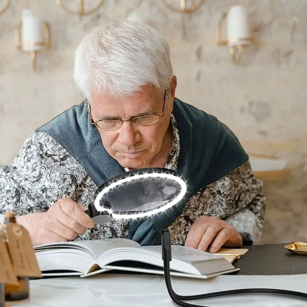 3 Color LED Lights Magnifying Glass Neck Wearing Handheld Hanging Neck Magnifying Glass Acrylic Led 10X Illuminated Magnifier