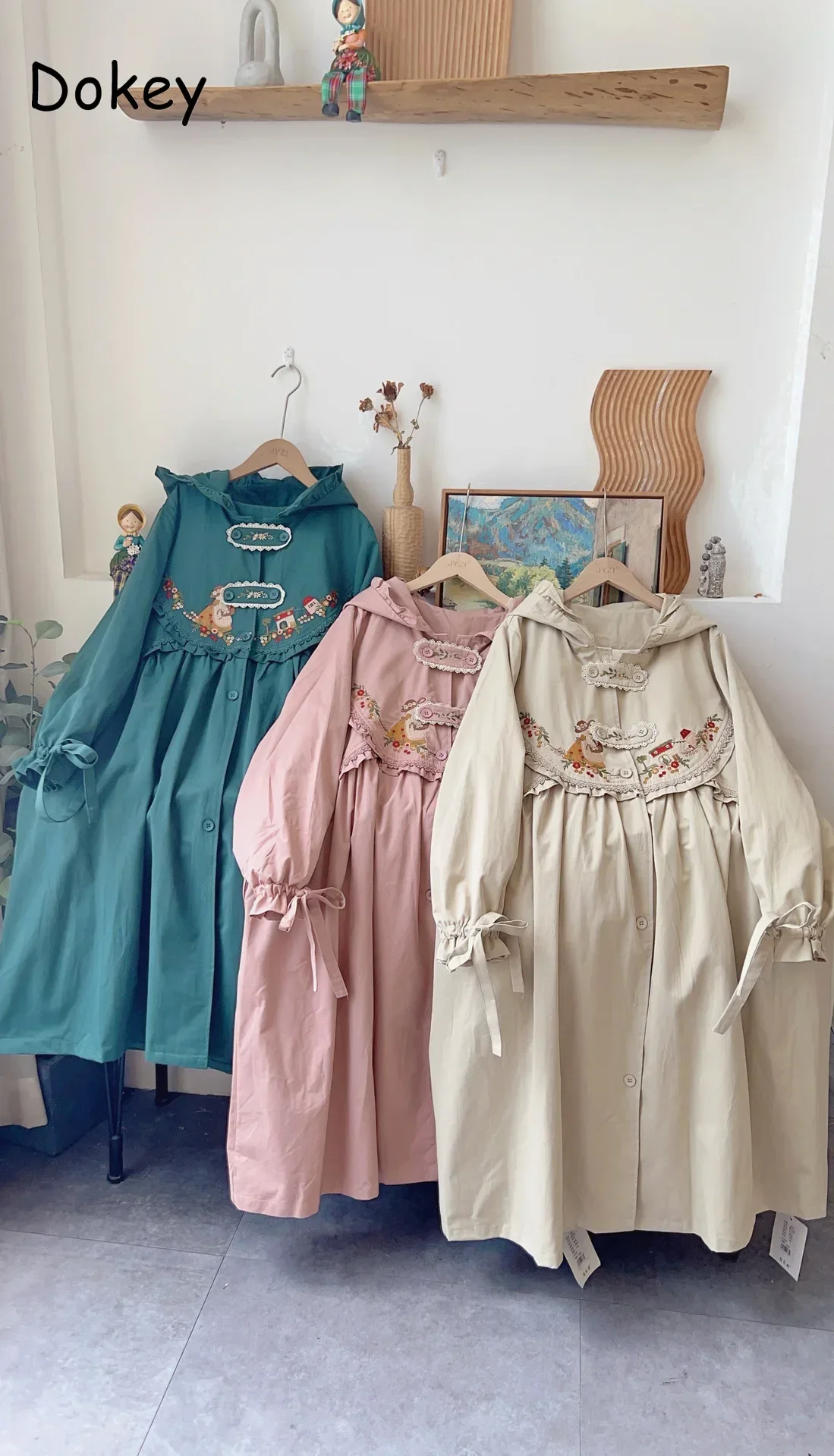 Trench con cappuccio ricamo Vintage donna giapponese Mori Girl Kawaii giacche a vento donna autunno arruffato capispalla allentata