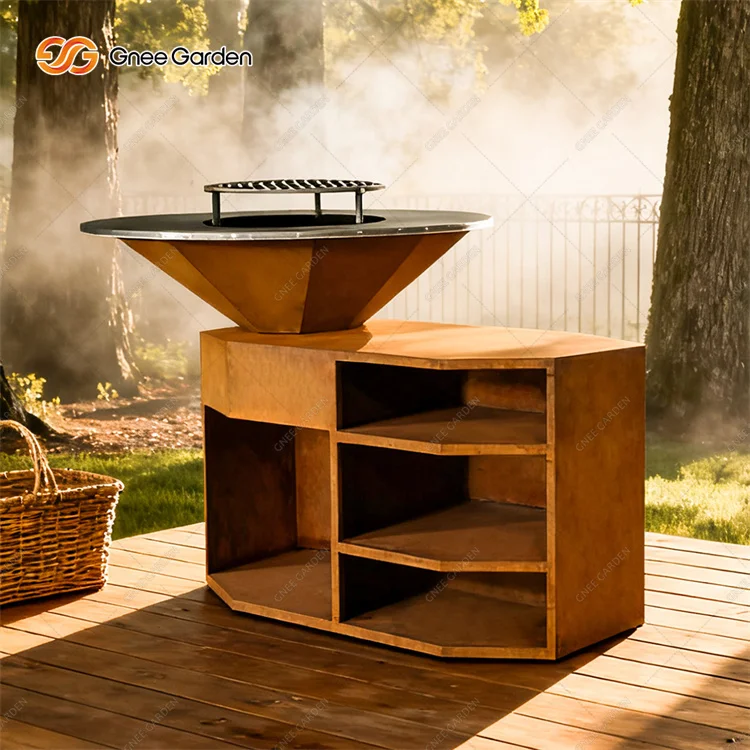 Garden Fire Grill Commercial Charcoal BBQ Grill Corten Steel Powder Coated Modern Trolley Easily Cleaned