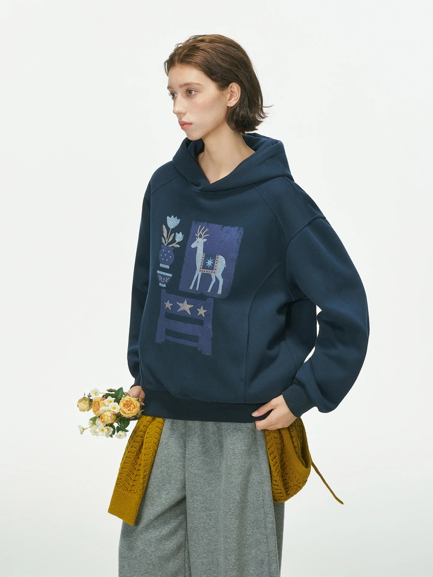 American Retro Printed Loose Hoodie Jacket Men's Autumn Commuting Heavy Couple's Hooded Sweatshirt Cotton Polyester Blend