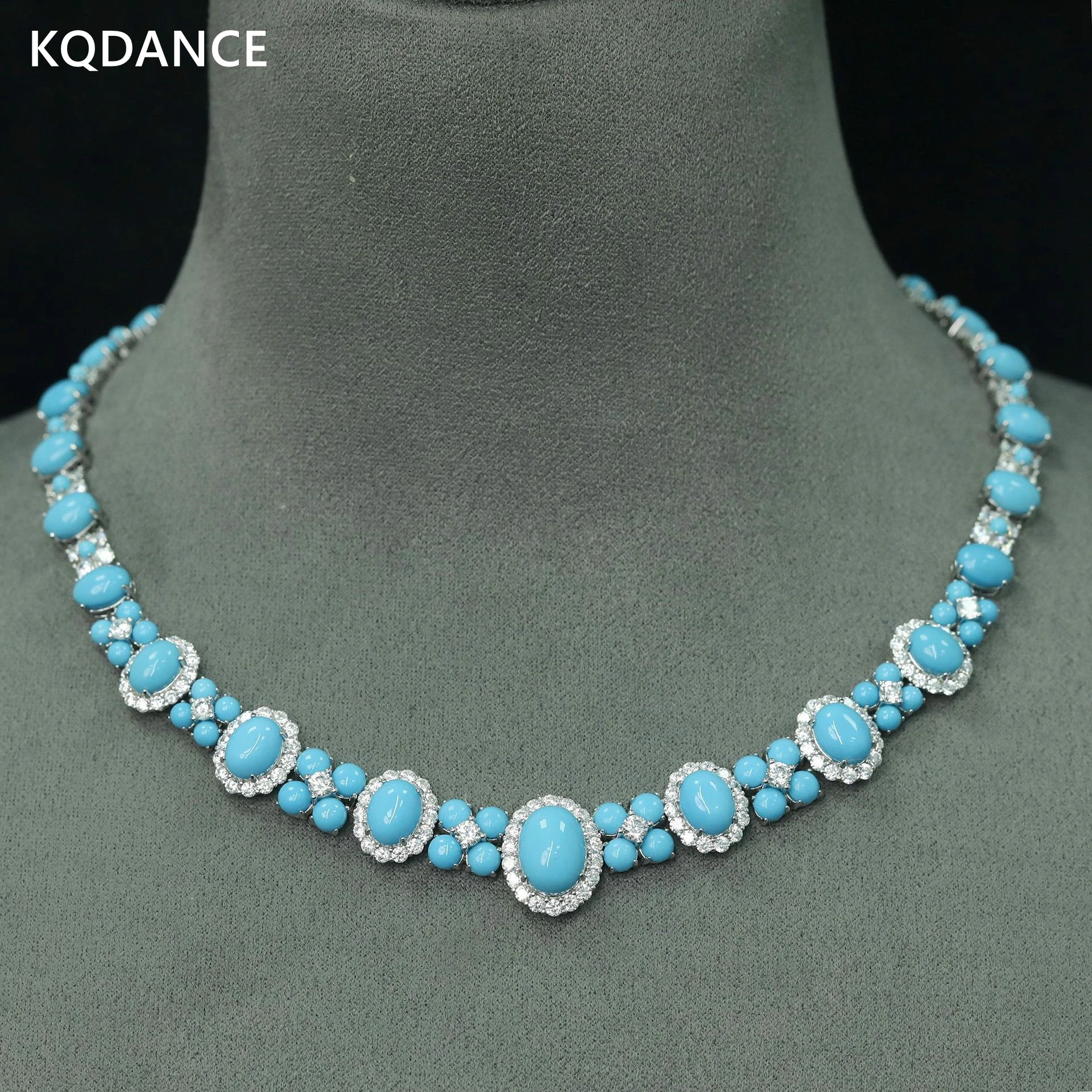 KQDANCE Solid 925 Sterling Silver oval Blue Turquoise High Carbon Diamond Gemstone Chains Necklaces Women Luxury Fine Jewelry