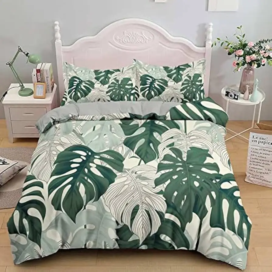Green Palm Leaves Duvet Cover Twin Queen Size Hawaii Tropical Botanical Plant Leaf Bedding Set Summer Rainforest Comforter Cover
