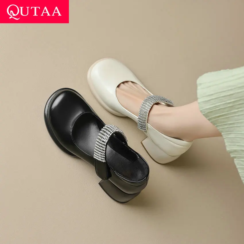 

QUTAA 2024 Women Pumps Square Med Heel Microfiber Round Toe Mary Janes Casual Crystal Pumps Shoes Woman Summer Size 34-43