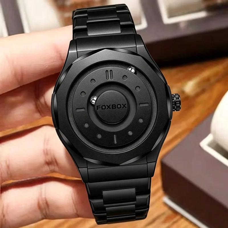 FOXBOX Unique Scrolling Pointer Magnetic Force Dial Design Men Watch Waterproof Sport Quartz Wristwatch Male Clock Montre Homme