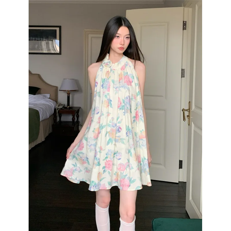 Elegância francesa floral impresso algodão-linho sem mangas halter mini vestido evasê para mulher y2k solto férias fada saias largas