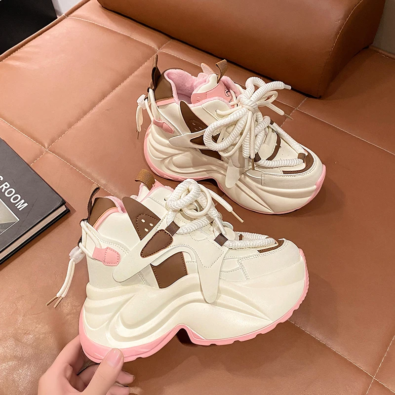 11CM Heels Chunky Sneakers Winter Autumn Women Warm Snow Shoes Comfortable Casual Leather Shoes 2023 Fashion Female Plush Shoes