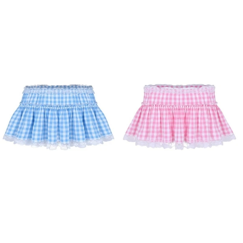 

Womens Elastic Low Waist Pleated A Line Mini Skirt Ruffle Lace Trim Plaids Print Short Skirt Maid Lingerie Costume