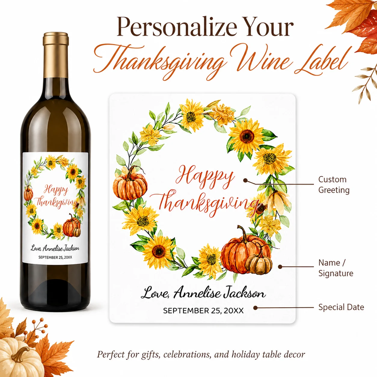 Customized wine bottle labels - Personalized thank-you wine bottle stickers, gift tags, wedding and birthday decorations, Thanksgiving celebration tags, fun autumn party labels with hand-drawn pumpkin, berry, and floral designs featuring "Happy Thanksgiving" - view 3