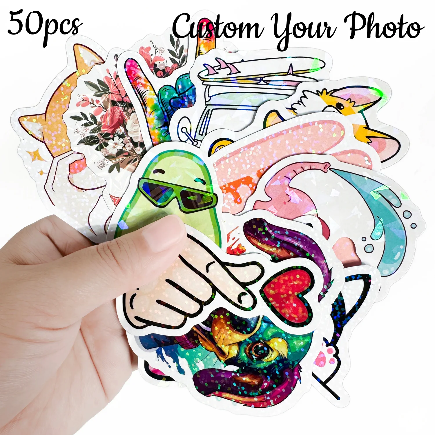 50 Stück personalisierbare holografische Stern-/Herz-Folienaufkleber, Vinyl-Aufkleber, DIY-Dekorationen, personalisierte glitzernde Hochzeits- und Geschäftsetiketten – Detail 1