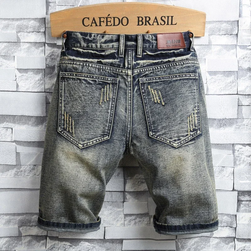 Men's Ripped Denim Shorts 2024 Summer New Fashion Retro Style Casual Hole Patch Jean Shorts Male Brand Clothes Brand