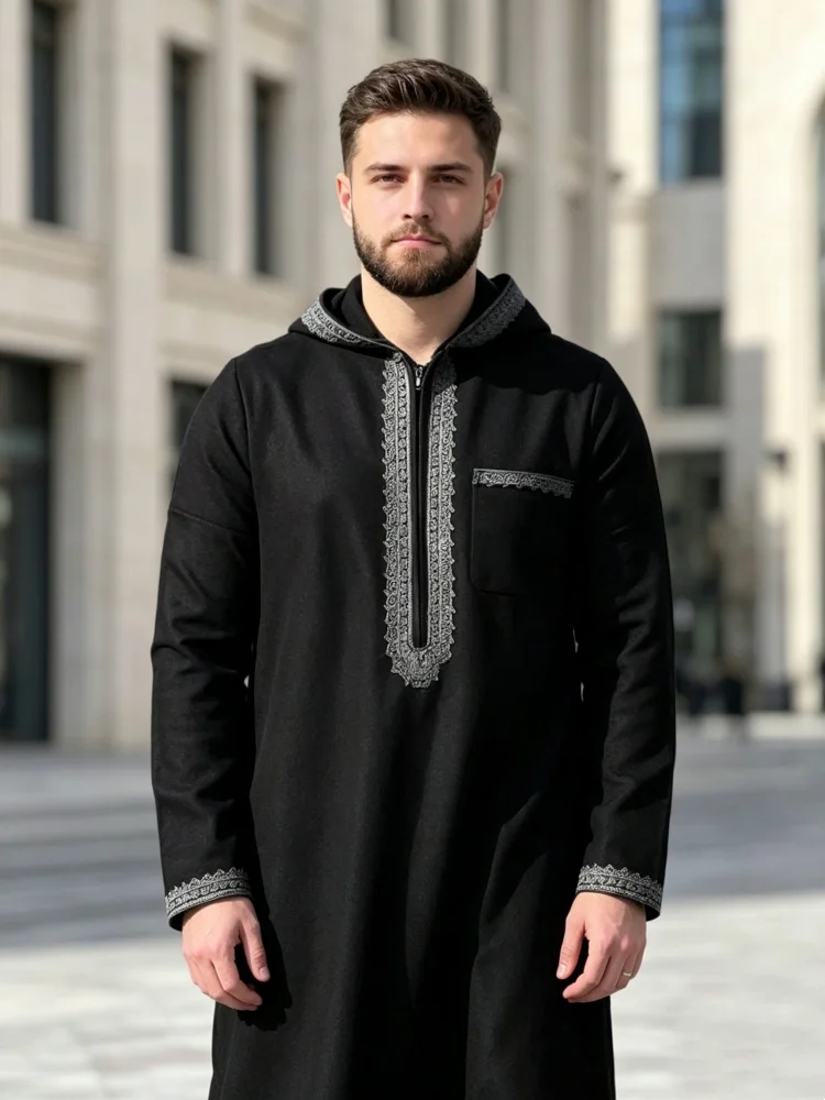 Men Moroccan Islamic Thobe Thawb, Hooded Embroidered Muslim Robe, Traditional Arabic Ethnic Casual Prayer Clothing