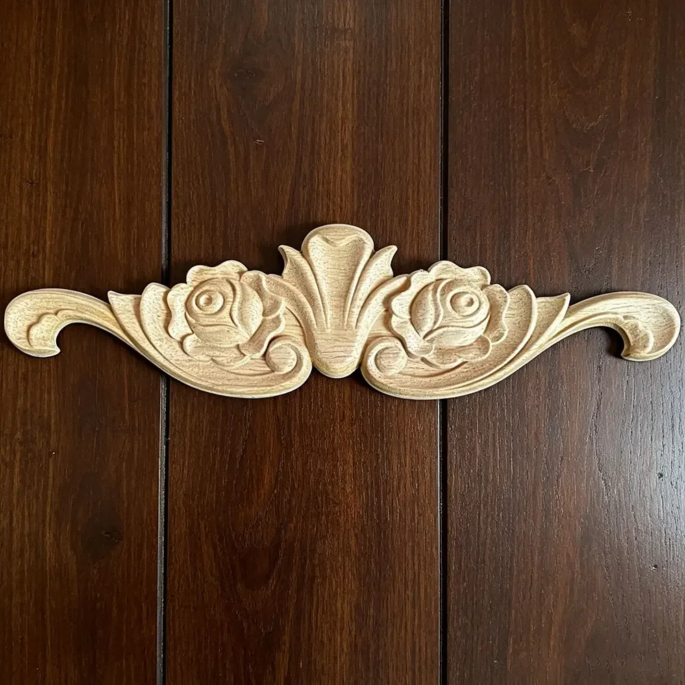 2PCS 30cm Wood Carved Long Applique Frame Corner Onlay Unpainted Furniture Home Decoration Accessories Door Decor Figurine