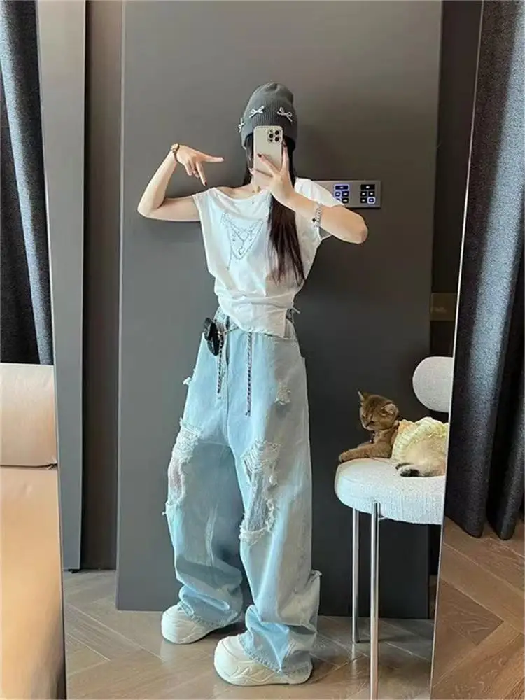 Cintura alta renda retalhos buraco denim perna reta design versátil nova faion solta calças de perna larga para mulher