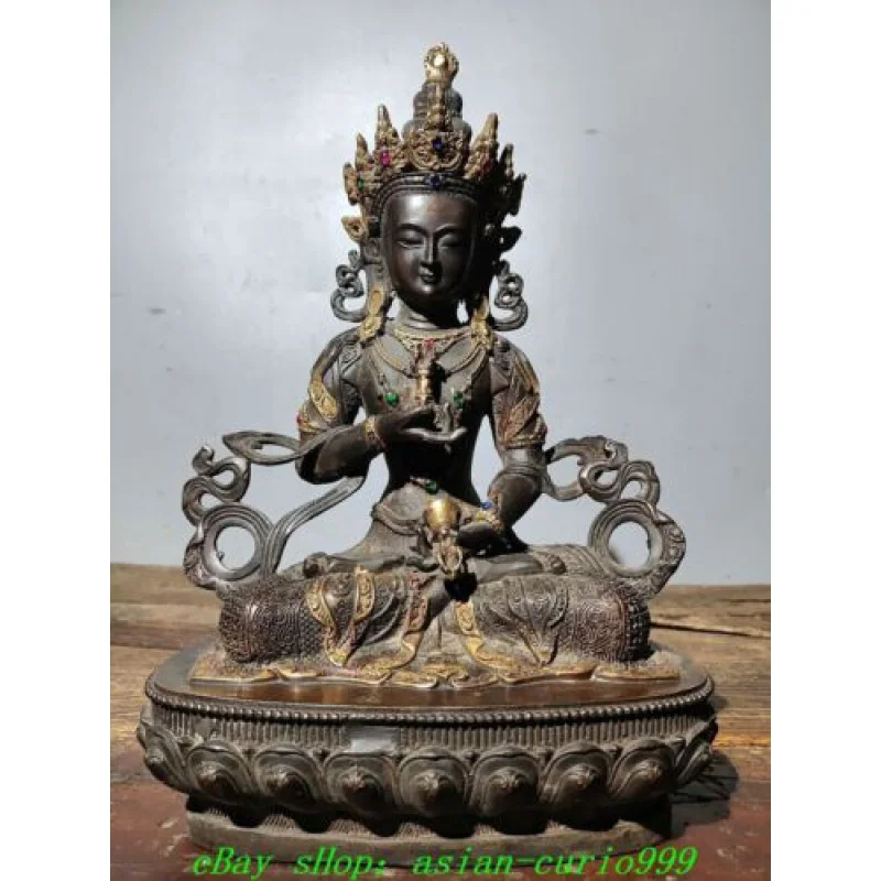 11''Old Tibetan Bronze Gilt inlay Gems Vajrapani Chana Dorje Deity Buddha Statue