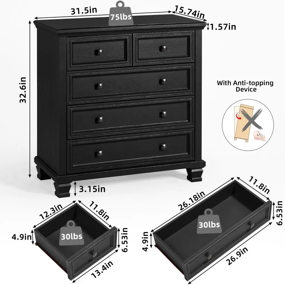 5 Drawer Dresser for Bedroom, 32.6 Inch Tall Vintage Chest of Drawers, Rustic Small Dressers w Square Solid Wood Legs, MidCentur