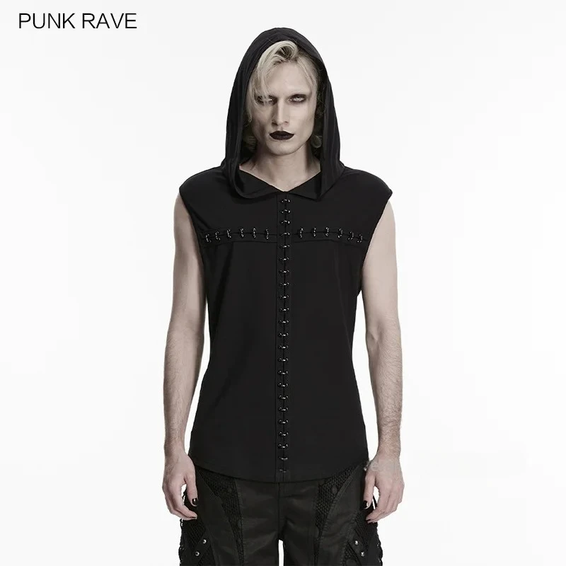PUNK RAVE Men's Goth Elastic Knitted Dark Hooded T-shirt Mysterious Cool Vibe Chest Metal Semi-circular Cross Rock Music Top