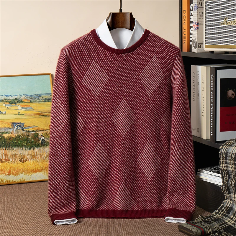 

100% Pure Cashmere Sweater Men's Round Neck Diamond Color Block Loose Knitwear Casual Thickened Base Sweater for Outerwear