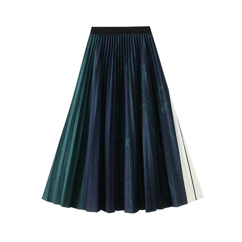 Elegant Printed Pleated Skirt, High Waist, Mid Length, New Style, Autumn