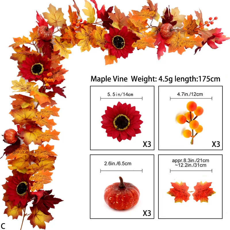 170cm/175cm Simulation Maple Cane for Thanksgiving Halloween Family Party Yellow Black Maple Leaf Home Harvest Party