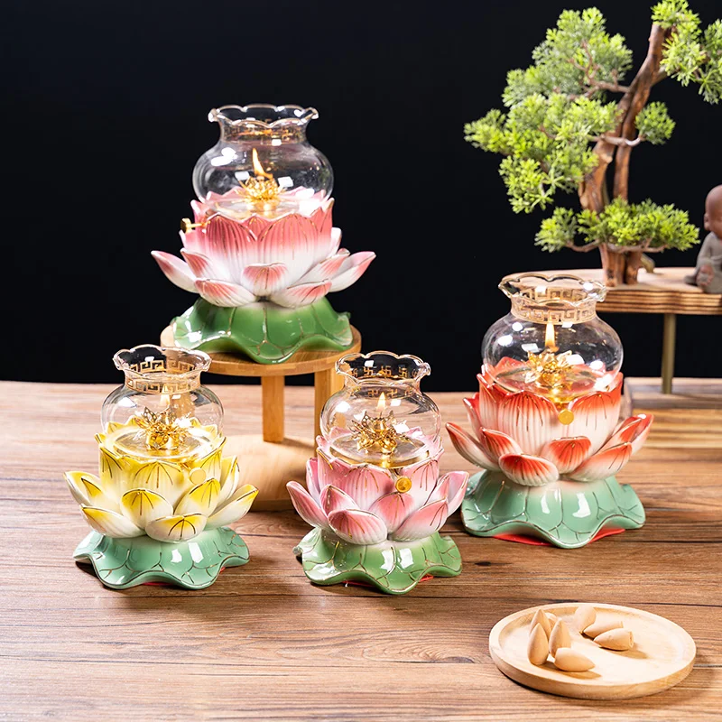 

Lotus Shape Butter Lamp Multi-Color Hand-Painted Ceramic Adjustable Windproof Changming Buddha Lamp Home Ornaments Simple Modern