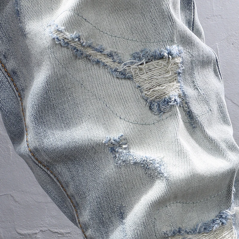 Street Designer Fashion Men Jeans Retro Light Blue Stretch Slim Fit Ripped Jeans Men Y2K Patched Vintage Denim Pants Hombre