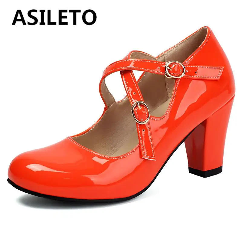 

ASILETO Sweet Women Mary Janes Туфли-лодочки с круглым носком на блочном каблуке 7,5 см с пряжкой и ремешком, большой размер 45, 46 47 Блестящая женская обувь для свиданий