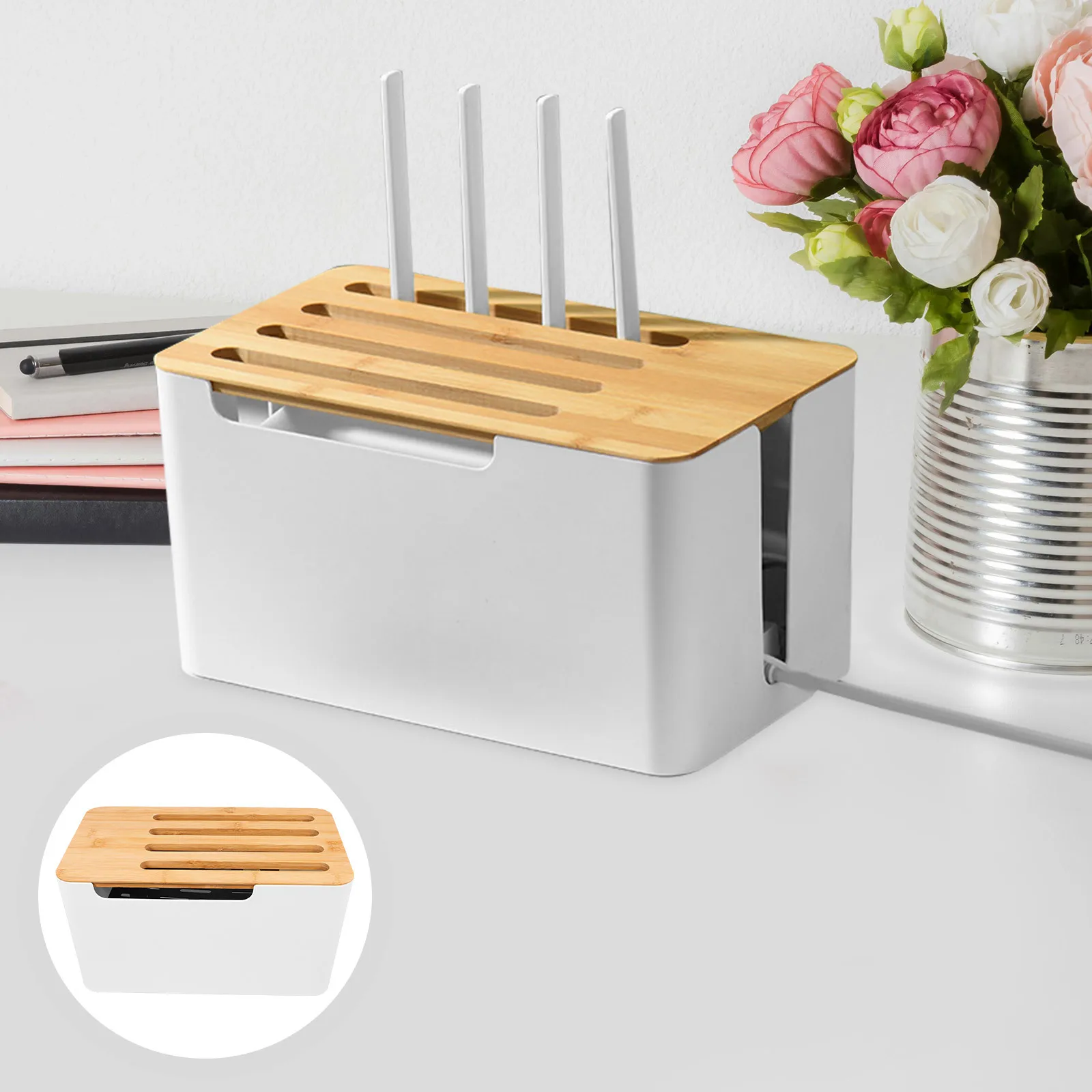 

Cord Management Box Cable Organizer Power Strip Storage Box Detachable Heat Dissipation Large Opening Durable PP Bamboo Lid Wire