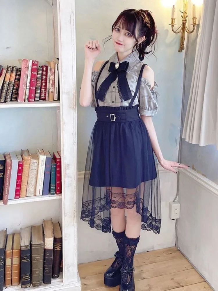 Japanese Kawaii Girl Sweet Cute Lolita Shirt Summer Y2k Aesthetic Plaid Hollow Out Blouse Tops Women JK Loose Bow Blusas Femme