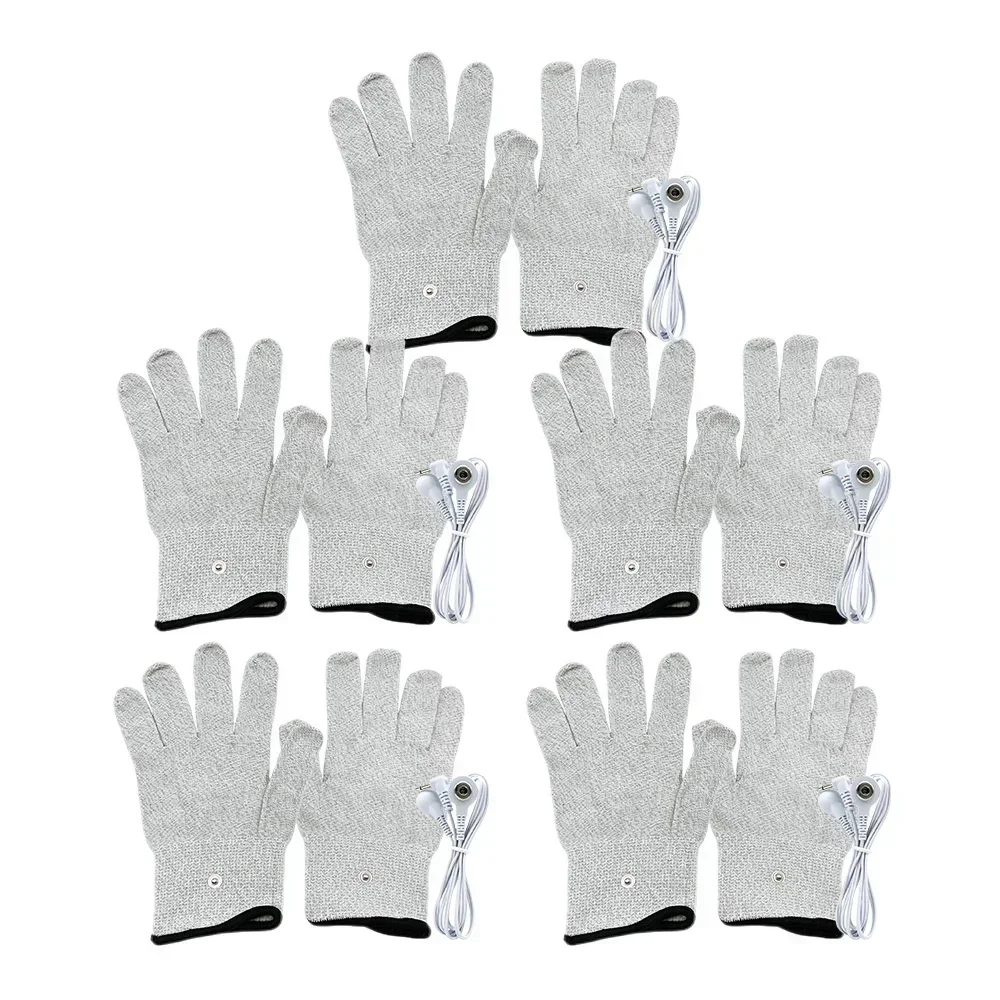 5 Pairs Tens Machine Conductive Gloves Silver Fiber Facial Massager Electro Therapy Electrode Hand Massage Electrotherapy Wires