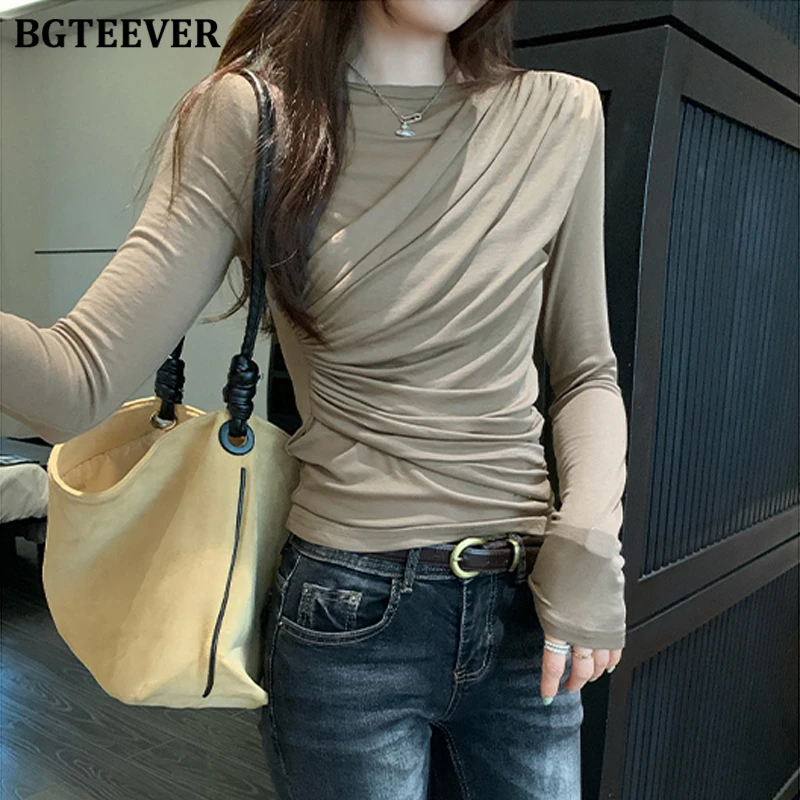 

BGTEEVER шикарные стильные тонкие женские пуловеры с круглым вырезом футболки осень-зима элегантные женские узкие футболки с длинными рукавами джемперы