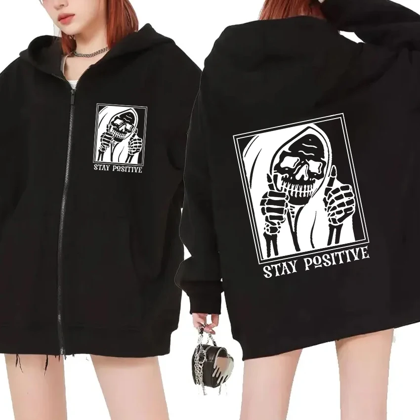 

Stay Positive Skeleton Halloween Graphics Zipper Hoodie Men women punk hip hop streetwear Unisex Fleece Long sleeve Coat Jacket