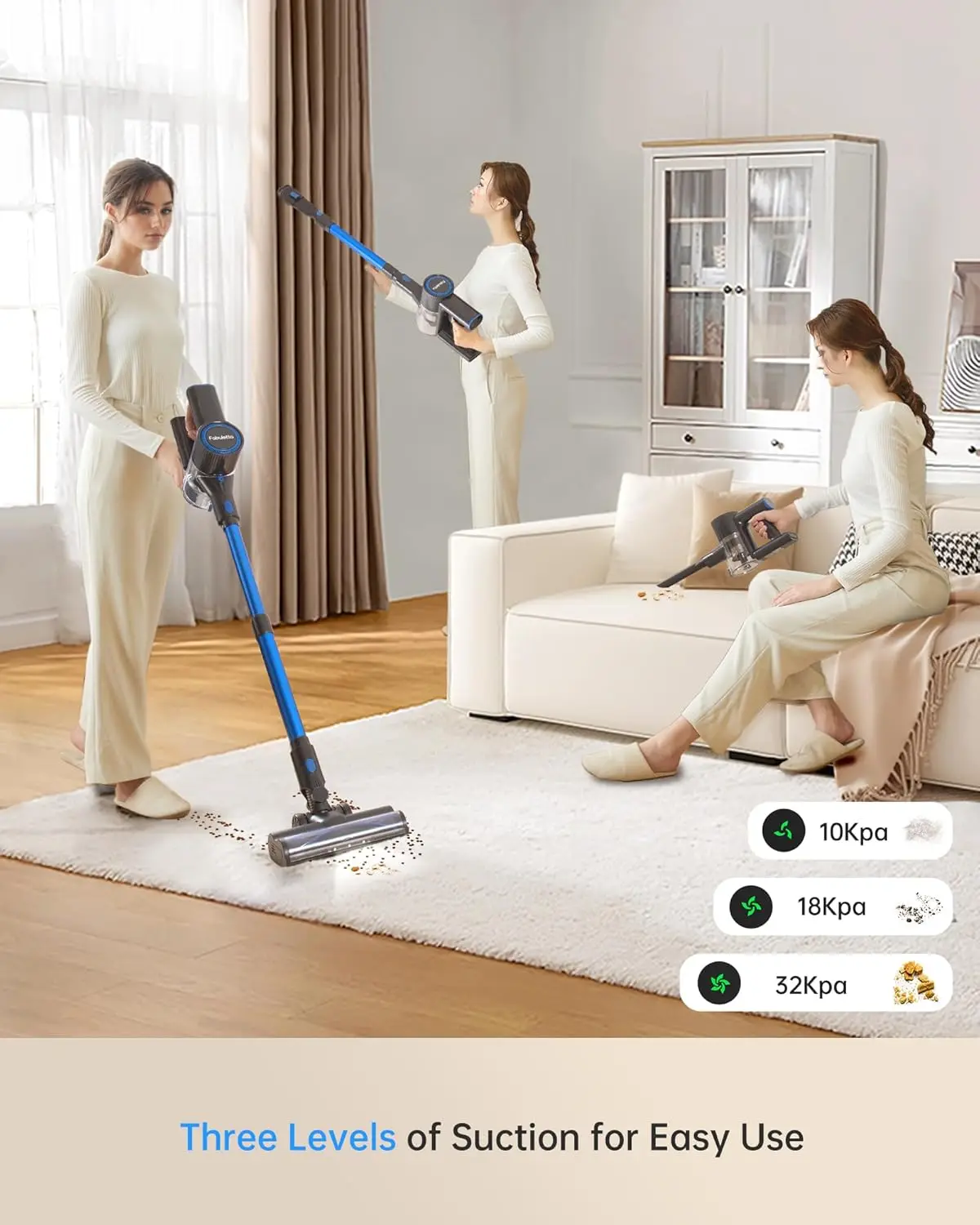 Cordless Vacuum Cleaner for Home, 400W Lightweight Vacuum Cleaner with MAX 47Min Detachable Battery, Brushless Motor, 6 in 1 Sti