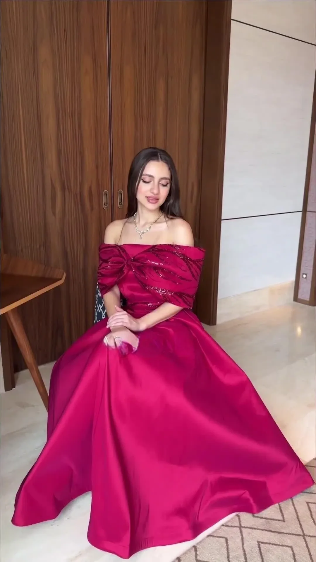 

Saudi Arabia Evening Gowns Fuchsia Satin Off The Shoulder Prom Dresses Sequins Ankle Length Formal Women Party Dress prom dress