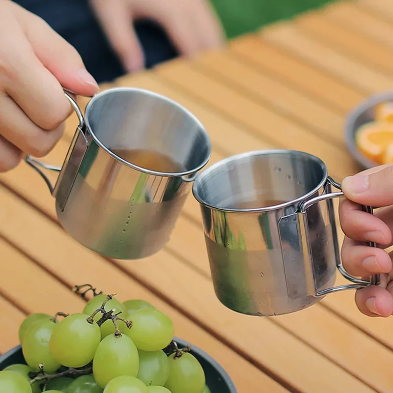 250/350/500ml Stainless Steel Camping Cup Portable Carabiner Cups Outdoor Water Cup Mug With Foldable Handle Kitchen Drinkware