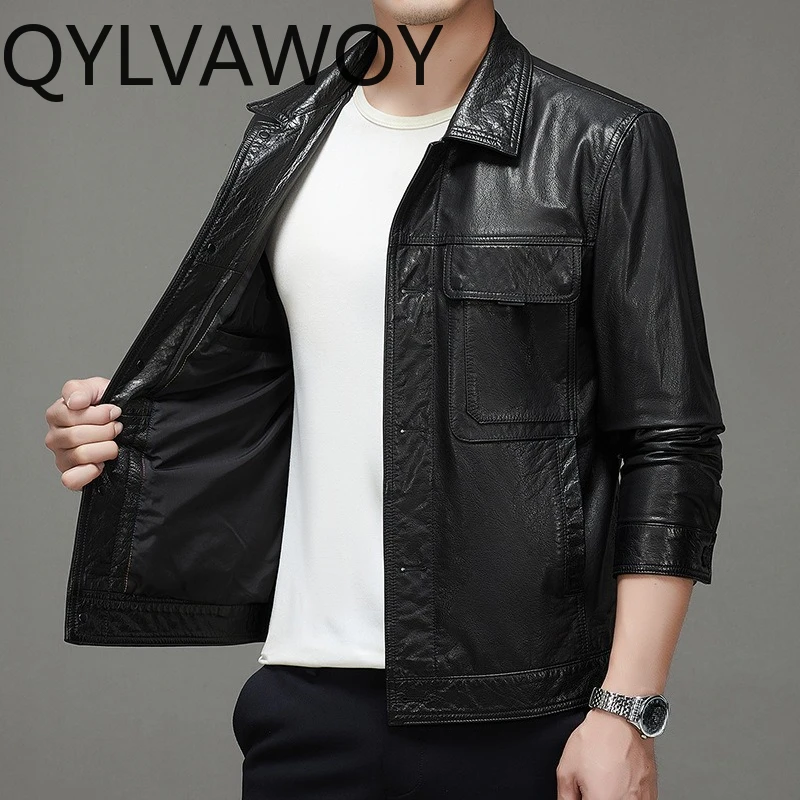 QYLVAWOY Real Cowhide Man Black Leather Jacket Autumn Winter Motorcycle Leather Jacket High Quality Jackets for Man Loose Casual
