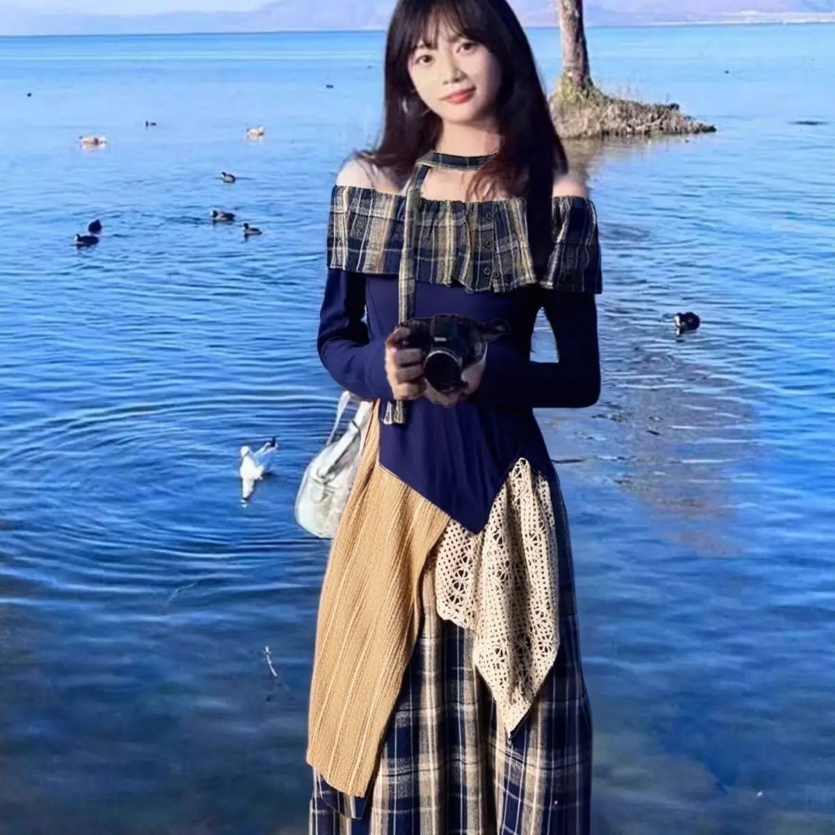 

Bohemian Off Shoulder Plaid Top and Lace Skirt Two Piece Set Curvy Autumn Aesthetic Kismet Cottagecore Fall Outfit ElegantDinner