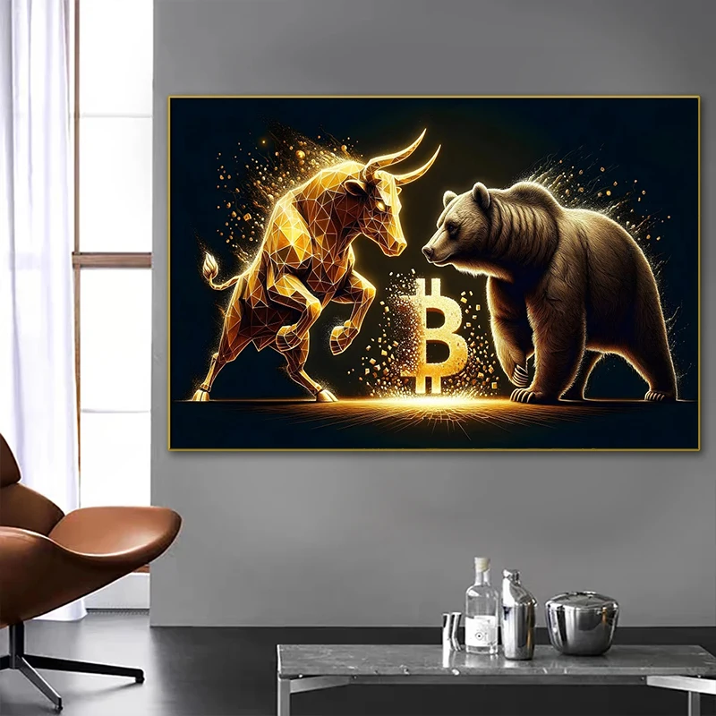 Artwork Bitcoin Bull Bear Animals Canvas Painting Bull Market Motivation Posters Abstract Print Wall Art Office Home Decor