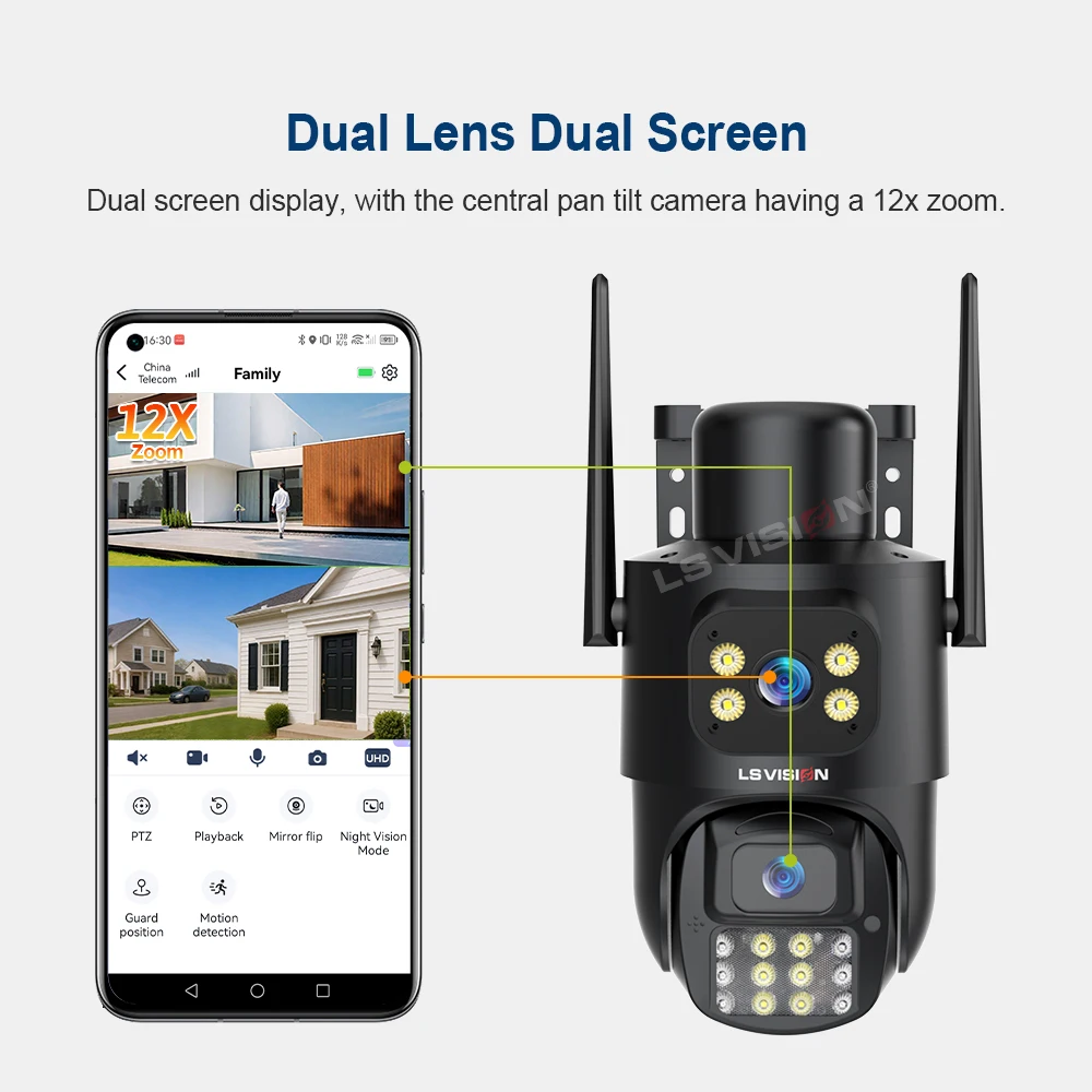 LS VISION 10MP 24/7 Recording 4G AOV Solar Camera 12X Optical Zoom Outdoor Dual Screen Human Auto Zoom Tracking Security Cameras
