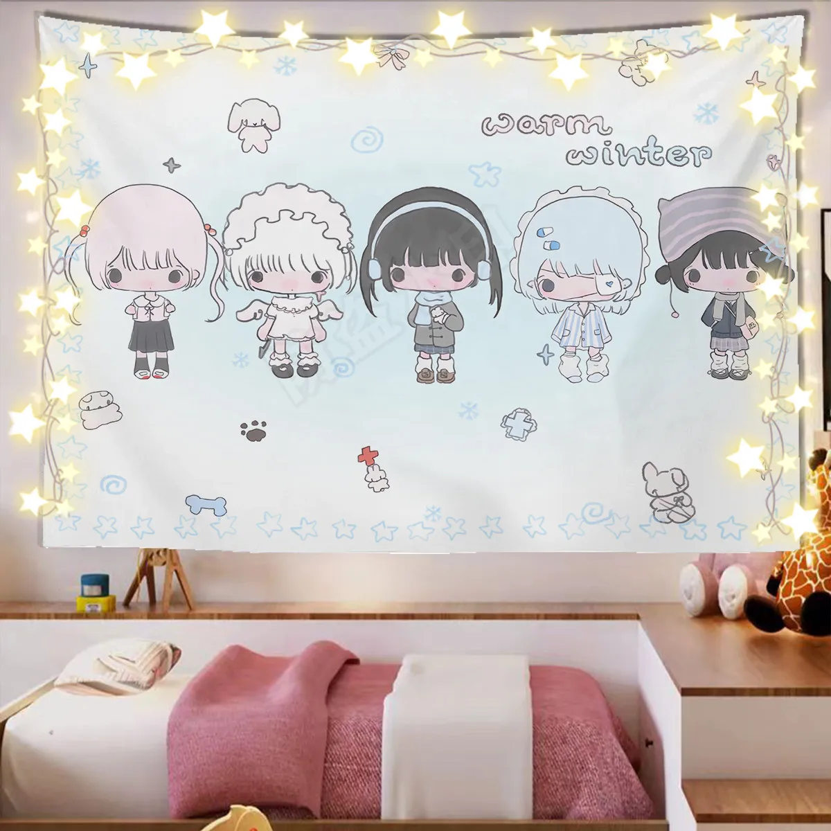 VIKAMA Kawaii Harajuku Anime Girls Tapestry Gothic Angel Sketch Cartoon Wall Hanging Cute Teen Bedroom Decor
