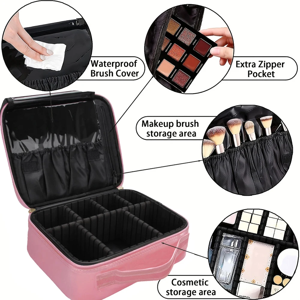 Gold letter print and pink case with adjustable divider, travel makeup bag large professional portable makeup organizer