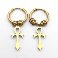 Egypt Ankh Cross Hoop Drop Dangle Earrings Women Stainless Steel Gold Color Egyptian Crucifix Amulet Earring Jewelry E1714S08