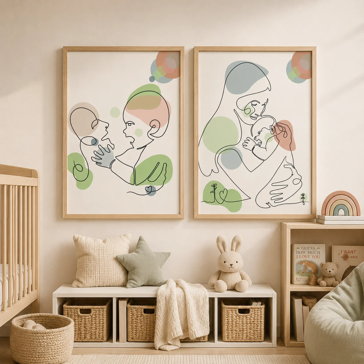Mordern Abstract  Line Wall Art, Minimalist Mother and Baby Canvas Painting, Mother Gift Poster Print For Room Bedroom Decor