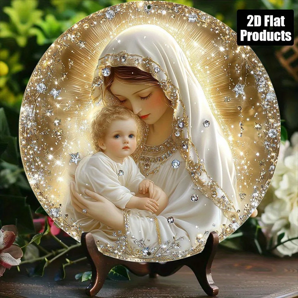 2D شقة، 1PC مريم العذراء والشباب موضوع جولة الألومنيوم علامة الديكور الفن، ديكور خمر، عالية الوضوح 2D الألومنيوم Sig