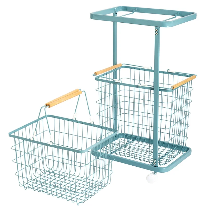 Vintage 2-layer metal wire tie rod basket obstructs bathroom storage Iron laundry basket with wheels