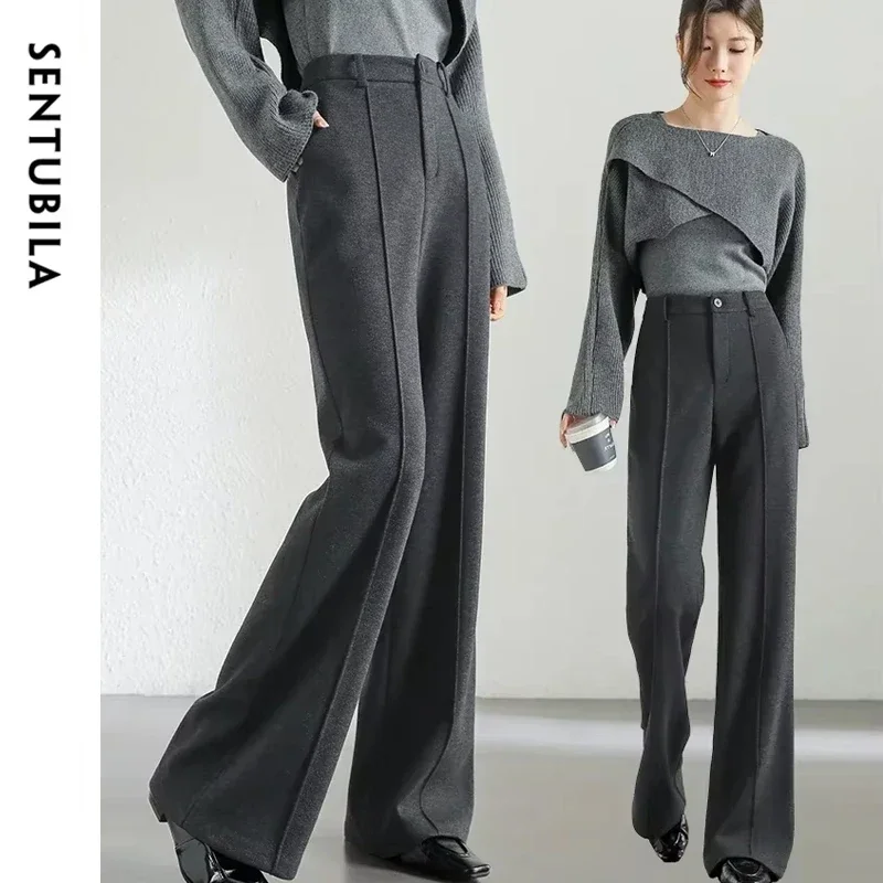 SENTUBILA Wool Blend Flare Pants Women Winter Thick Warm Trousers 2024 High Waist Office Lady Fashion Casual Pants 144K57322