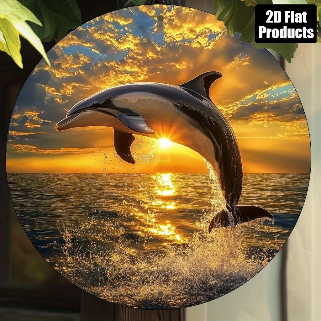 Sunset Ocean Jumping Dolphin Round Metal Tin Sign 2D 1PC 20x20cm Marine Animal Iron Plaque Coastal Home Decor