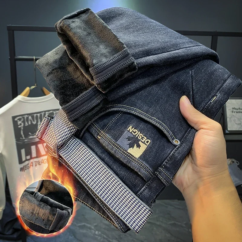 Jeans légers haut de gamme pour hommes, pantalons de littérature épais, vêtements de luxe, isolation en peluche, résilience hivernale