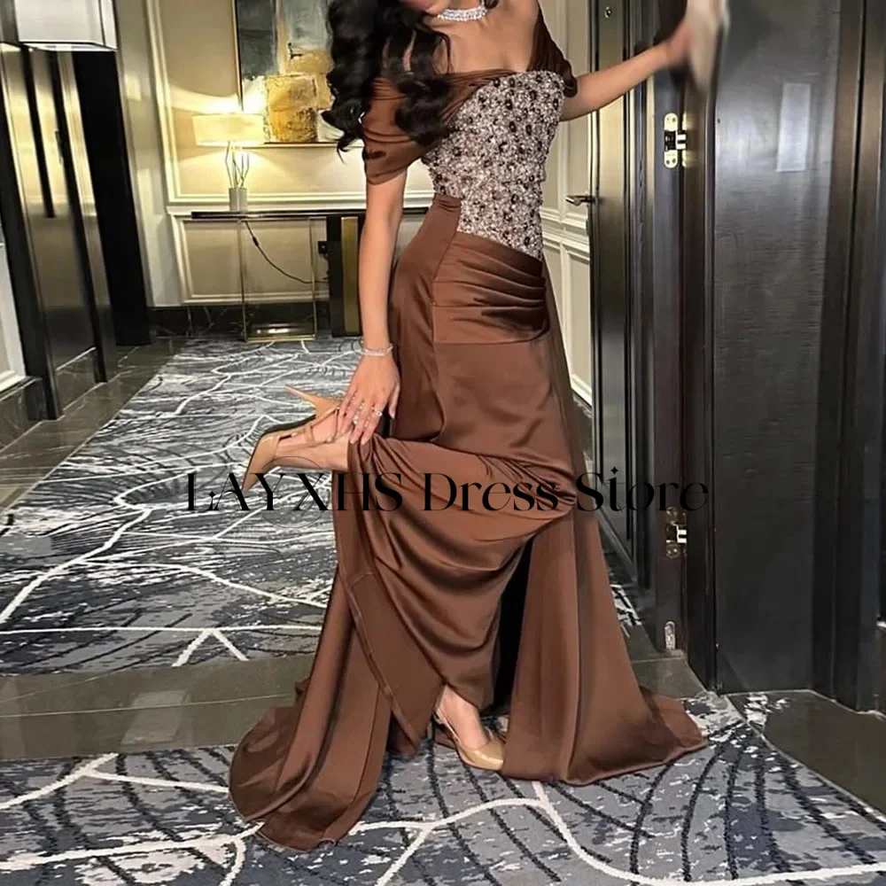 LAYXHS Luxury Off The Shoulder Evening Dresses Mermaid Shiny Beaded Pleat Prom Dresses Customized فساتين سهرات