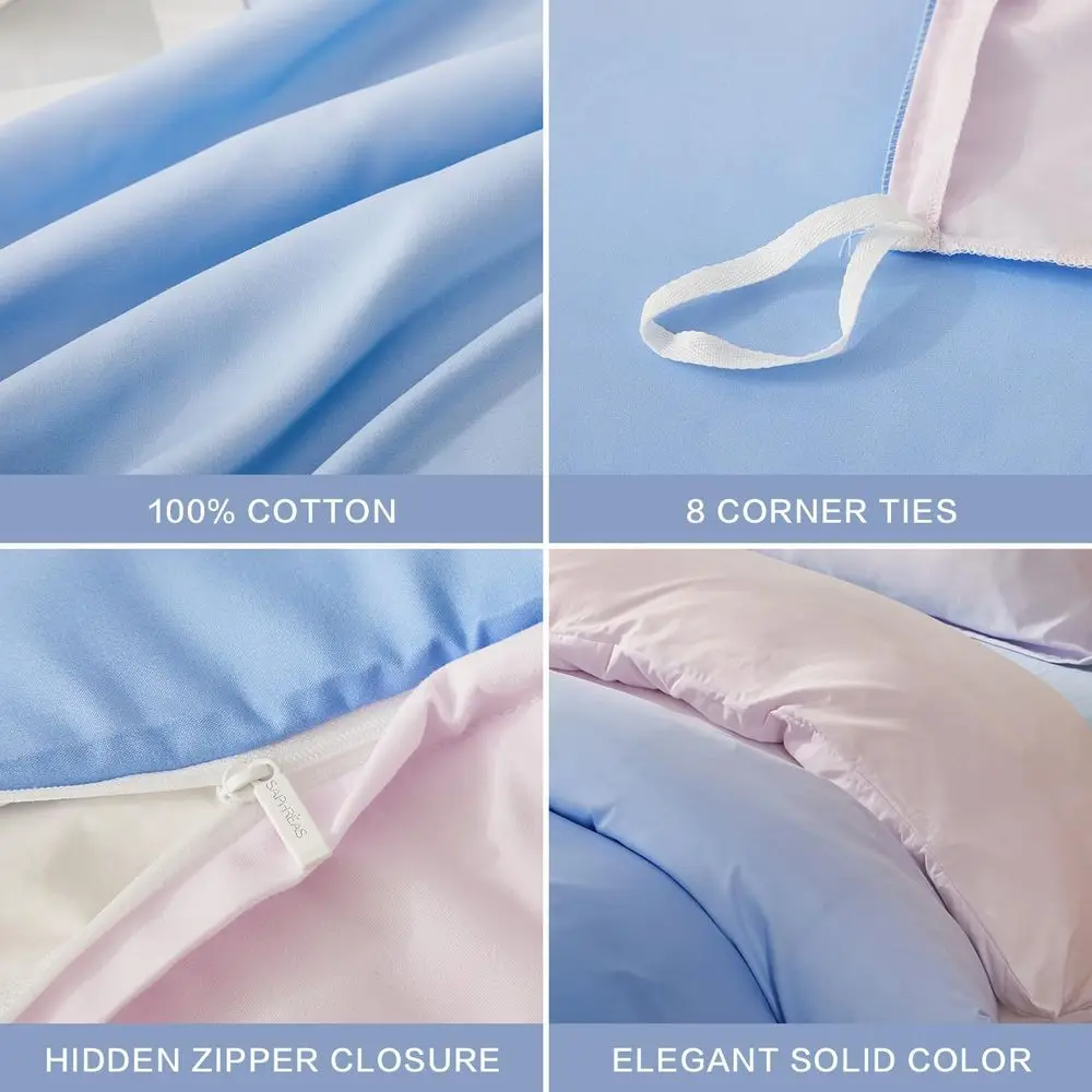 Blue and Pink Gradient Queen Duvet Cover Set with 8 Ties, Reversible, Zippered Microfiber