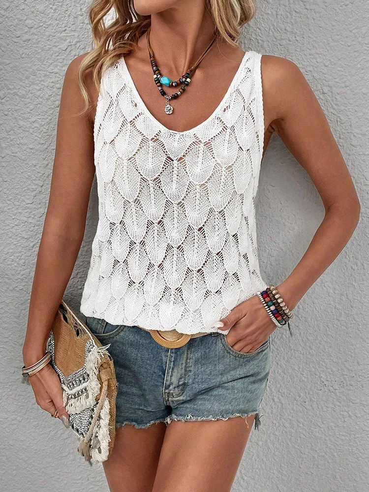 

Fashionable and elegant vest, women's feather shaped hollow knit sweater, summer top